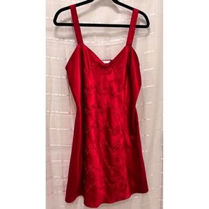 Erika Taylor Intimates Red Satin Heart Embroidered Chemise Nightgown Large